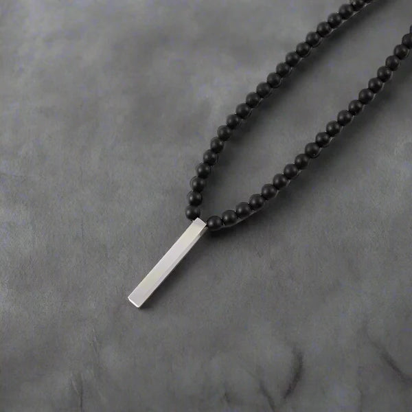 Minimal Silver Bar & Matt Beads Pendant Necklace For Men