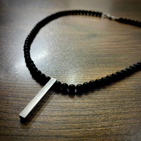 Minimal Silver Bar & Matt Beads Pendant Necklace For Men