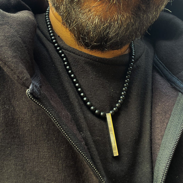 Minimal Silver Bar & Matt Beads Pendant Necklace For Men